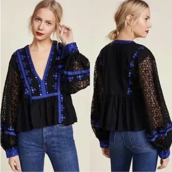 FREE PEOPLE Boogie All Night Peasant Blouse In Black S NWOT - Picture 1 of 13